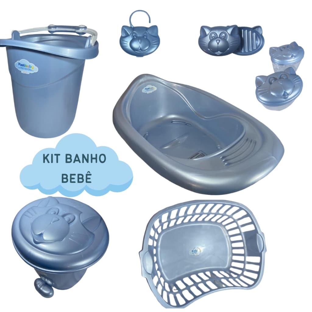 KIT BANHEIRA DE BEBE 7 ITENS  22 LITROS CESTO TELADO LIXEIRA BALDE OFURÔ PORTA ALGODÃO E SABONETEIRA