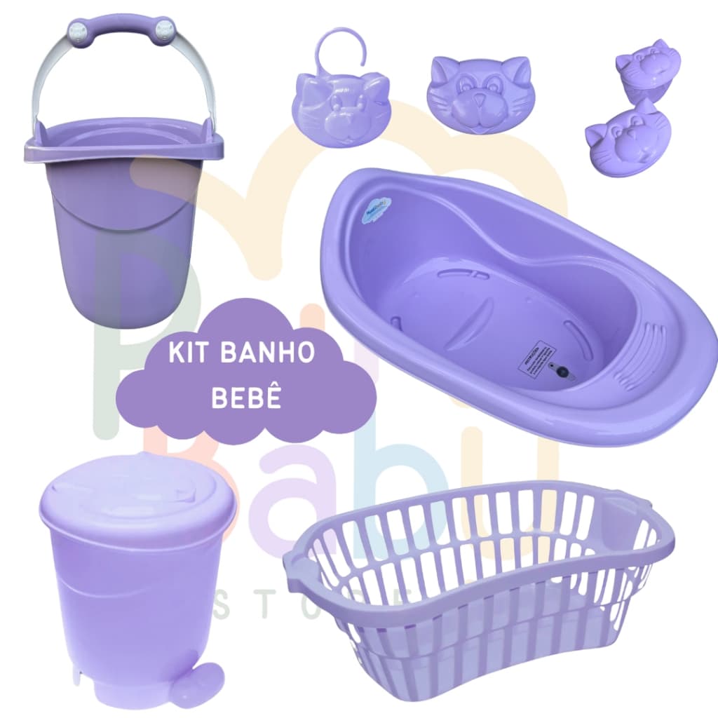 Kit Banho Bebe 7 Itens Lilás Banheira 22 Litros Cesto Telado Porta algodão Saboneteira Porta Chupeta Menino Menina