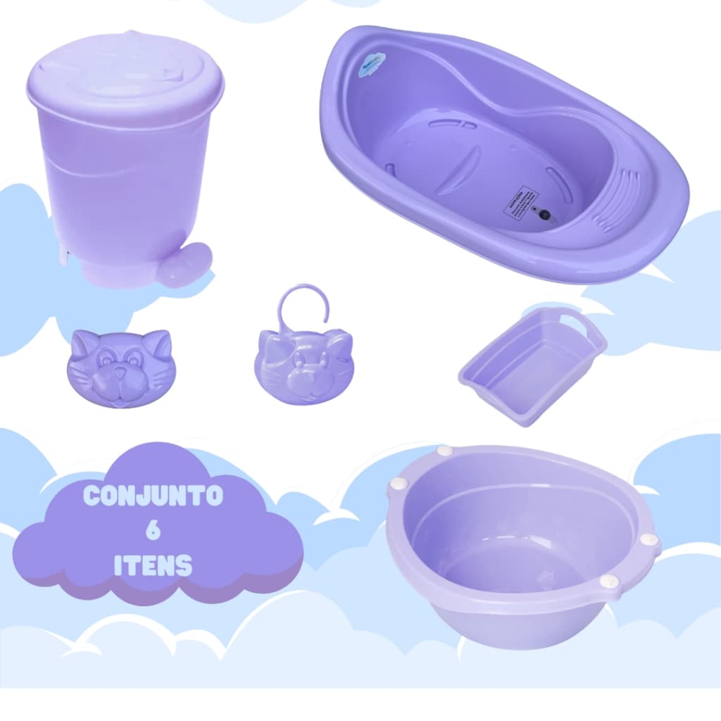 KIT COMPLETO QUARTO BEBE 6 ITENS BANHEIRA 22L BACIA 14L ORGANIZADOR LIXEIRA 8L SABONETEIRA E PORTA CHUPETA