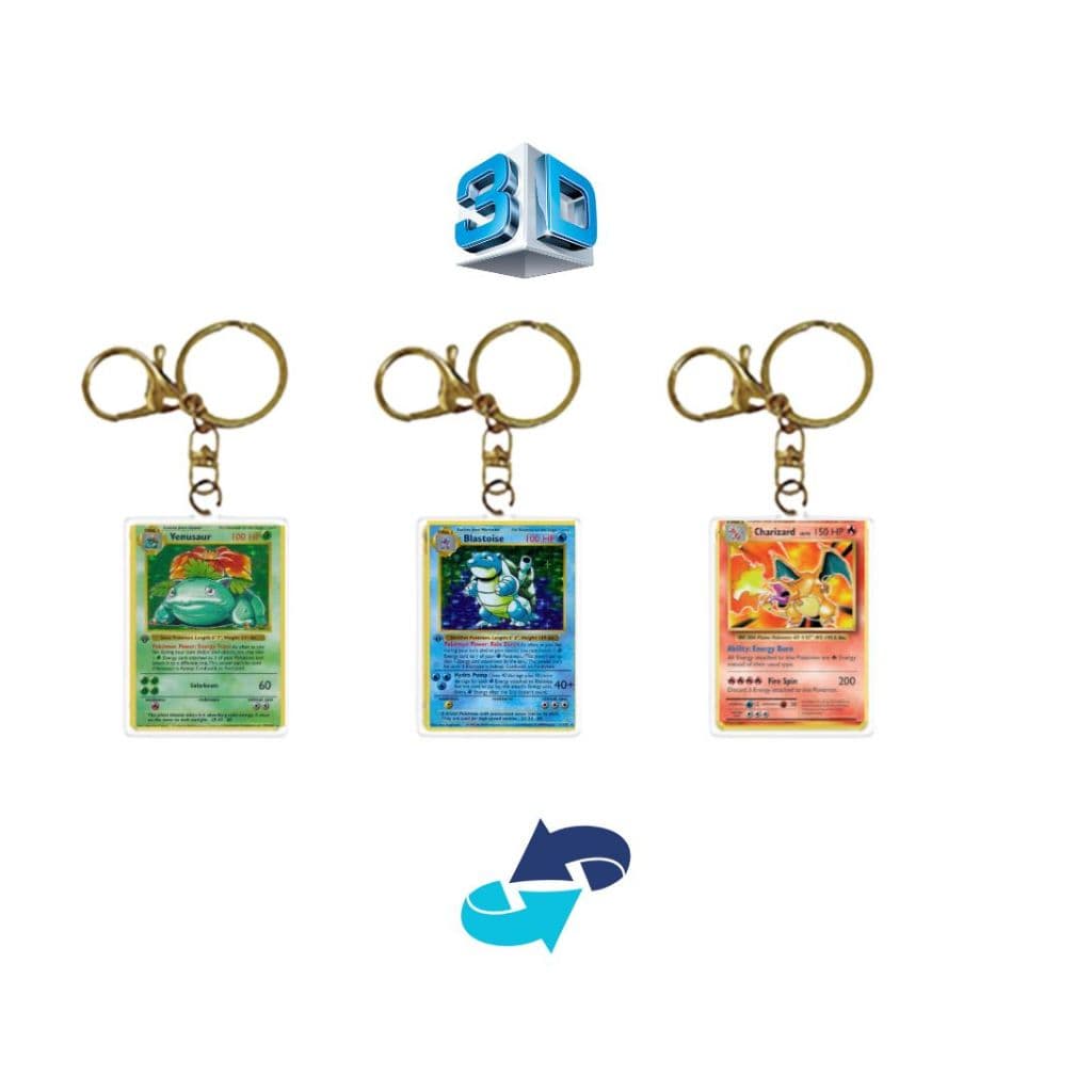 Chaveiro mosquetão 3D Card  Pokemon - Venusaur /Blastoise e Charizard