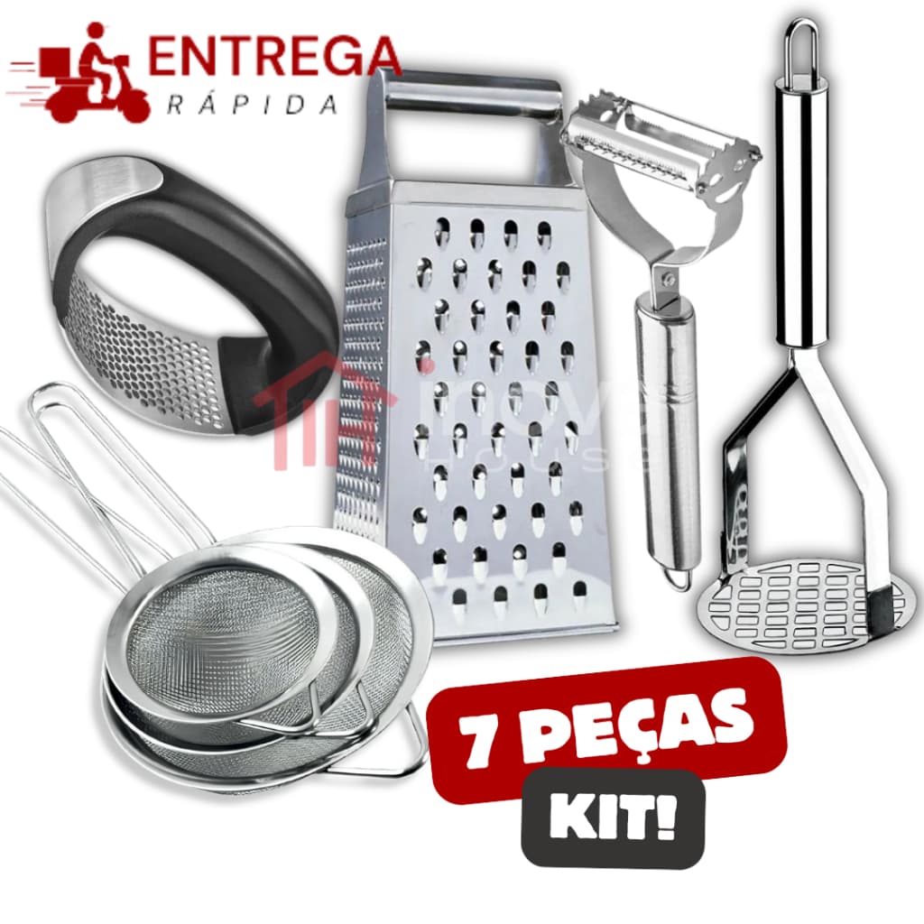 Kit 7 Utensílios de Cozinha em Aço Inox: Ralador Descascador Peneira Espremedor Amassador