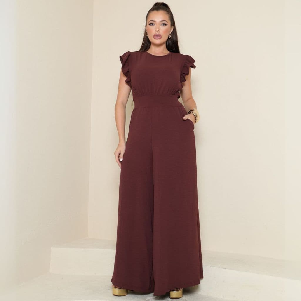 Macacão Feminino Longo Plus Size Babado  Cintura Marcada  Elegância Conforto