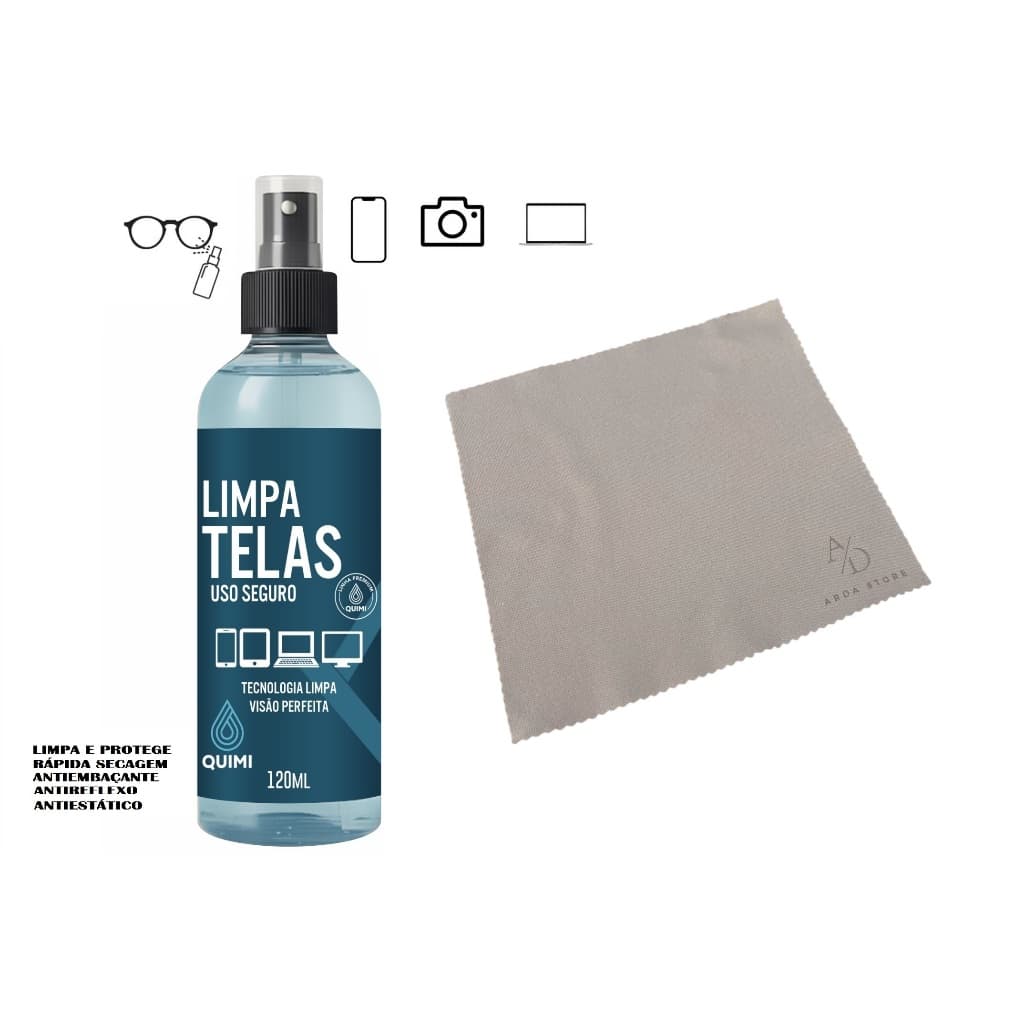 Limpa Telas 120 ML Limpador De Tela Celular Notebook TV Câmeras tablet Limpa Lentes + Flanela em Microfibra