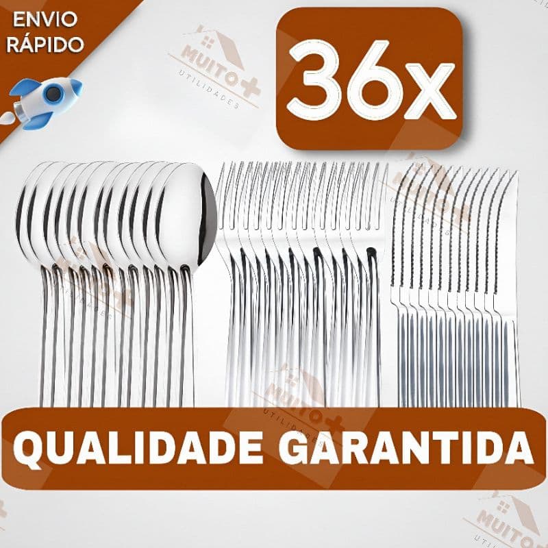 Conjunto Jogo de Talheres 36/18 peças Aço Inox Facas Garfos e Colheres de Mesa Casa Para Restaurante