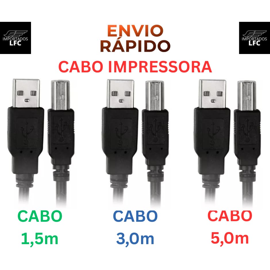 Cabo Impressora Multifuncional USB 2.0 AM/BM 1,5M 3M 5 Metros HP Epson Canon Térmica Brother EcoTank