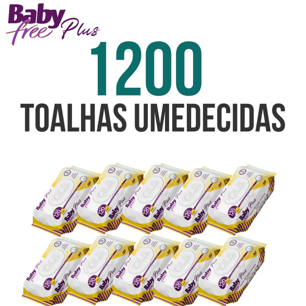 Caixa com 10 Lenços/Toalhas Umedecidas Baby Free Plus c/ 120 Unidades Cada – Tampa FlipTop