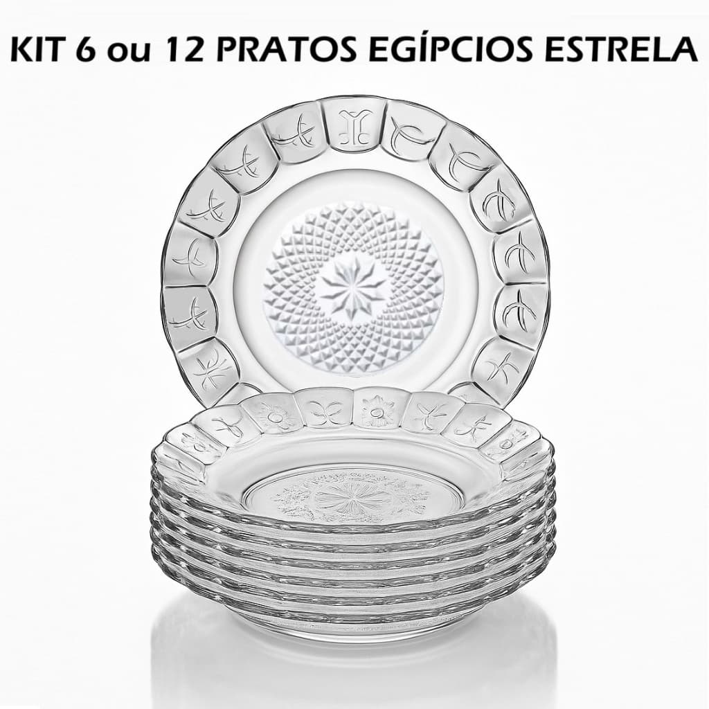 Jogo De Prato Vidro Fundo Egípcio Estrela 6 e 12 Peças Transparente Resistente Jantar Bem Embalado