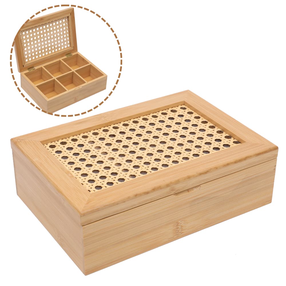 Caixa Porta Chá e Especiarias Bambu E Palhinha 6 Divisórias Mimo Style