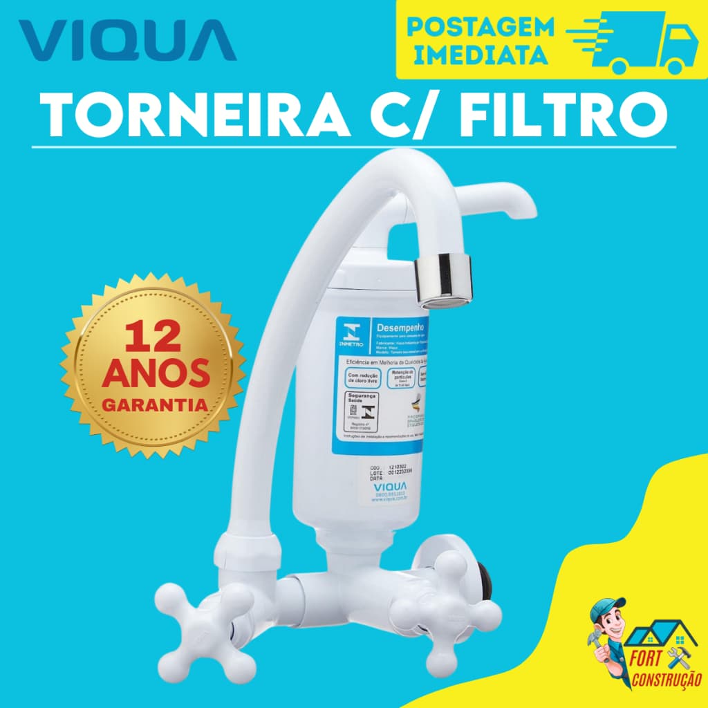 Torneira Filtro Branca Bica Móvel Parede Marujá VIQUA ABS Arejador Tripla Filtração