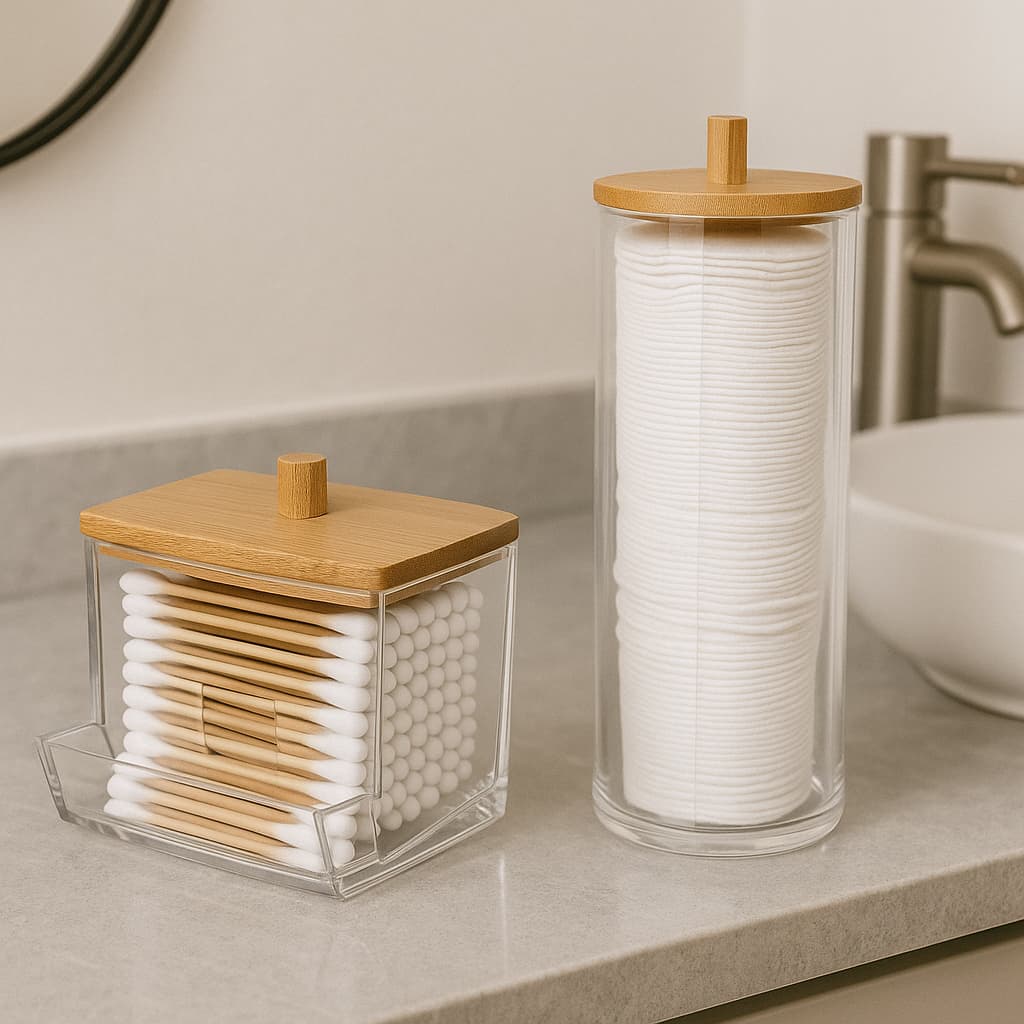 Organizador Disco Algodão E Cotonetes Acrílico Tampa Bambu Kit Com 1/2 e 3