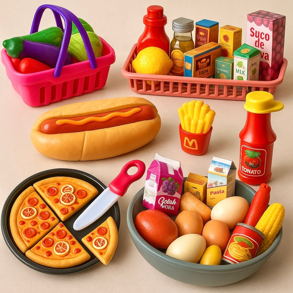 Kit Brinquedos Menino Menina Comidinha Infantil Velcro Mercadinho Comidas Brinquedo Cozinha Infantil