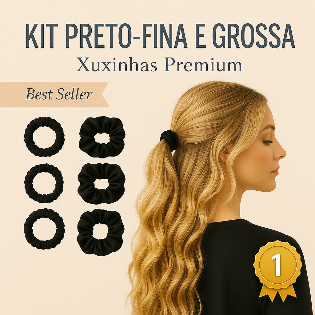 Kit Xuxinhas  Scrunchies  Pretas de Cetim ( Finas, Grossas) Antifrizz e Estilosas