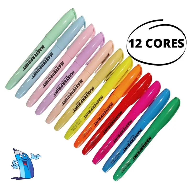 Kit marca textos com 12 cores diversas, pastel e neon