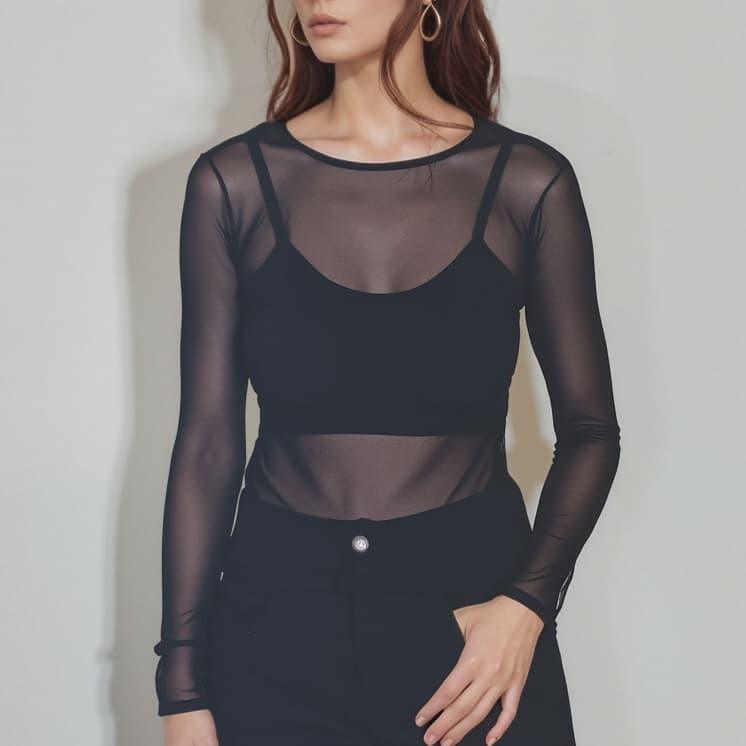 Gola redonda blusa de Tule manga longa Malha Transparent Sem Sutiã preta branca Marrom