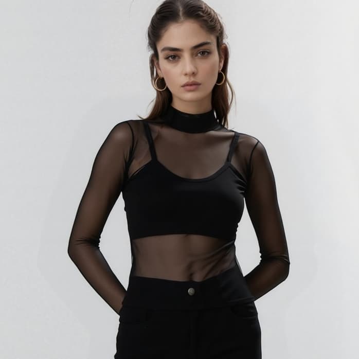 Gola alta blusa de Tule manga longa Malha Transparent Sem Sutiã preta branca Marrom varias cores
