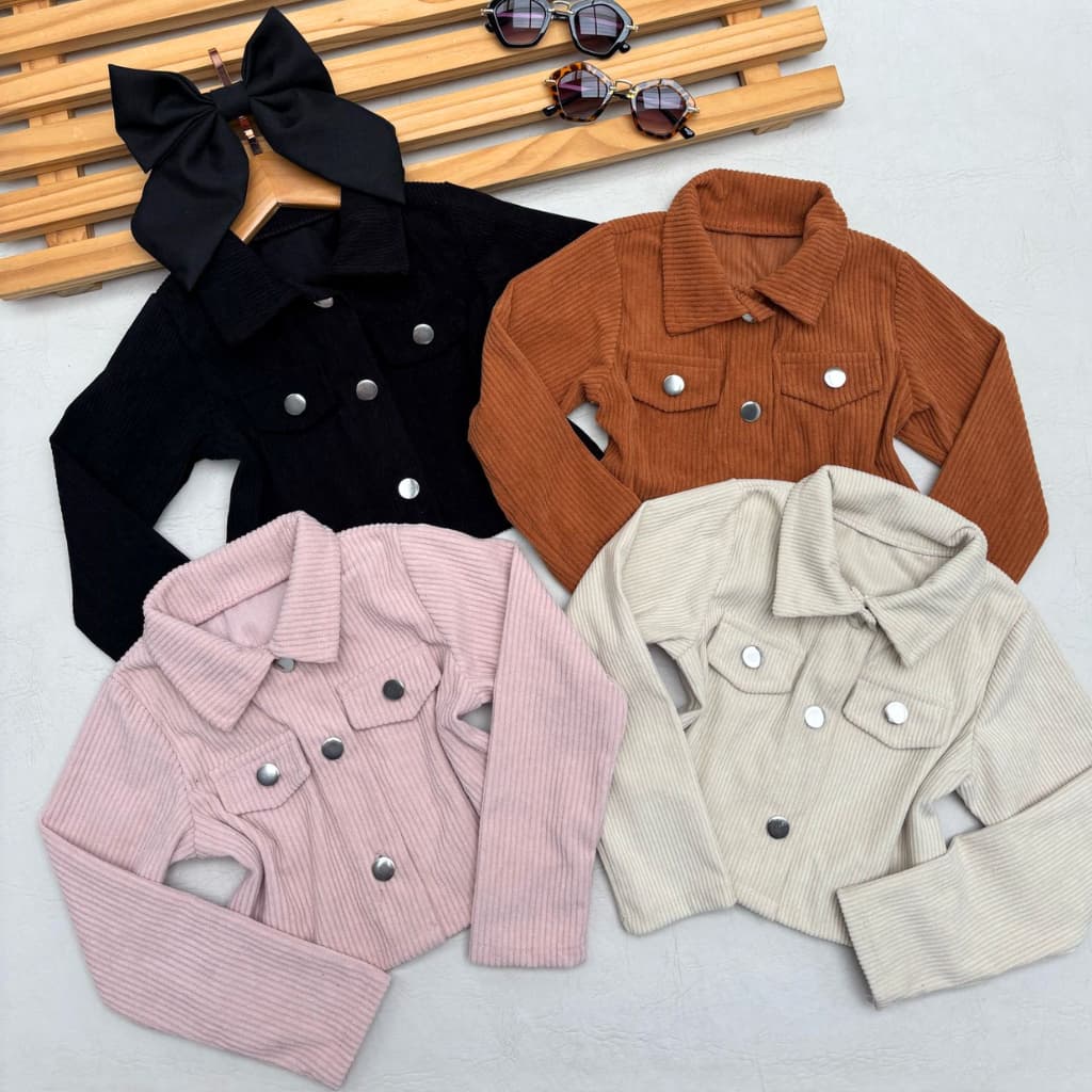 Jaqueta Feminina Infantil Veludo Cotelê Canelado com Botões Outono Inverno