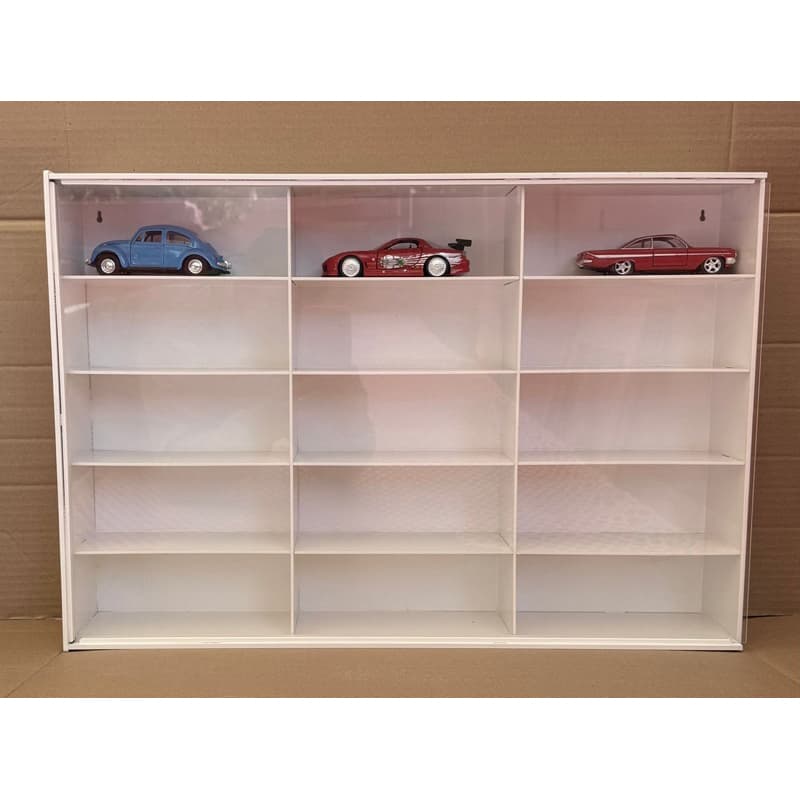 expositor 15 carrinhos branco +acrilico em mdf