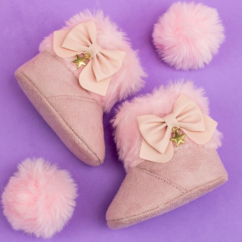 Bota Infantil Bebê Menina Com Pelos Botinha Laço Estrela Confortável Inverno 13 ao 18 Dindopé