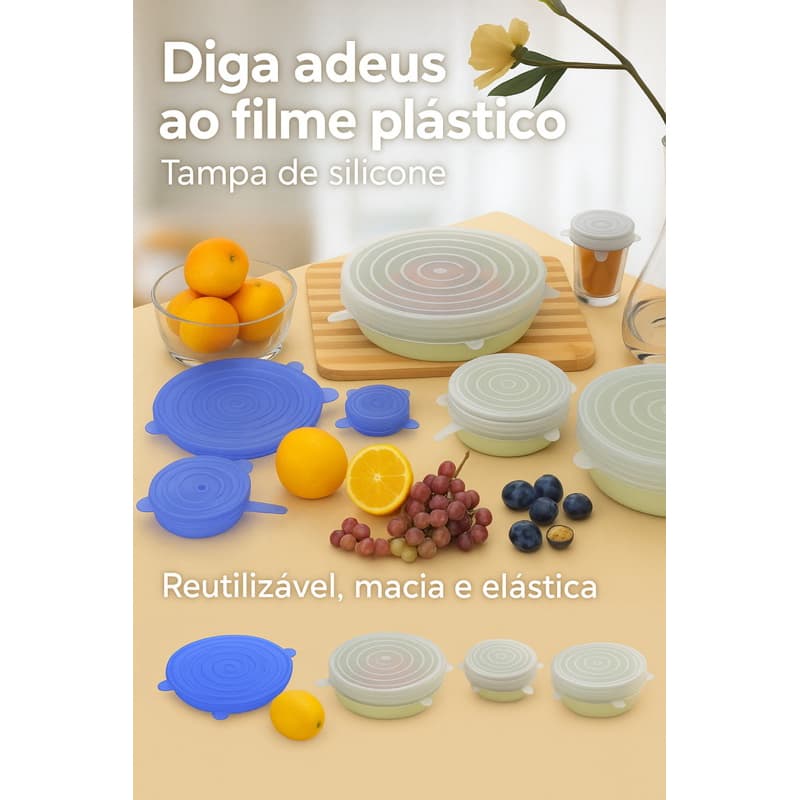 Kit 6 Tampas de Silicone Reutilizáveis Flexíveis Herméticas – Tampa Elástica Universal para Potes, Tigelas e Frutas