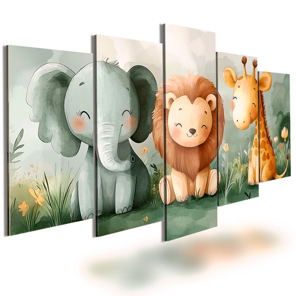 Quadros Decorativos Infantil 5 Peças Leão Elefante Girafa Sala Quarto