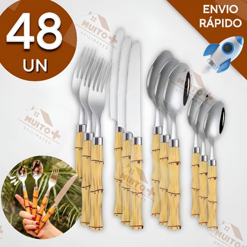 Jogo de Talheres 48 Peças Faca Garfo Colher e Colheres de Sobremesa Aço Inox de Cabo Plástico Bambu