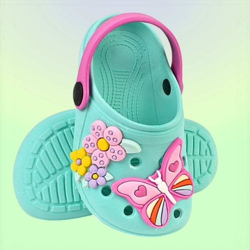 Sandália infantil para meninas Babuche Borboleta e flor Papete confortável