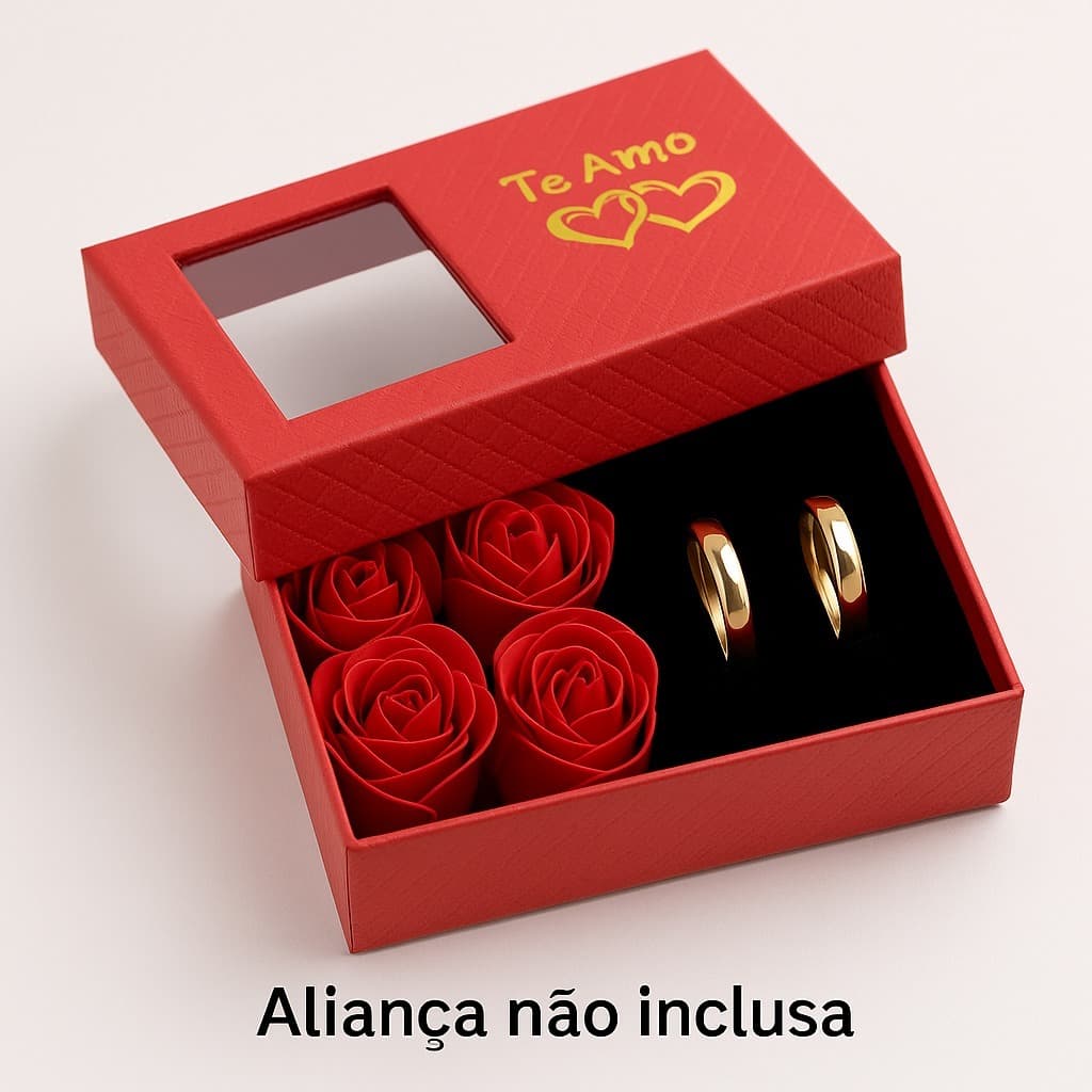Caixa Porta Joias com Rosas e Visor “Te Amo” – Espaço para Alianças | 3 Cores