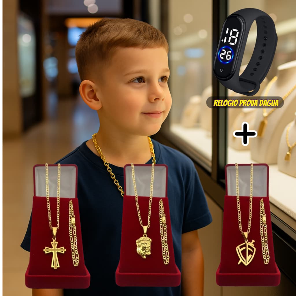 Corrente Infantil Menino 3x1 Cordão Infantil Menino 3mm + Pulseira + Pingente + Relógio Digital LED Prova D'água