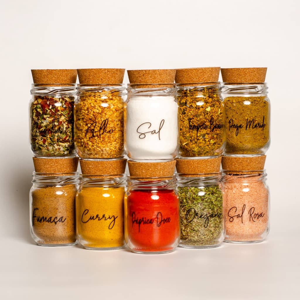 Kit Potes de Tempero 200ml | Porta Tempero | Pote para Tempero | Cartela com 42 Adesivos Opcional