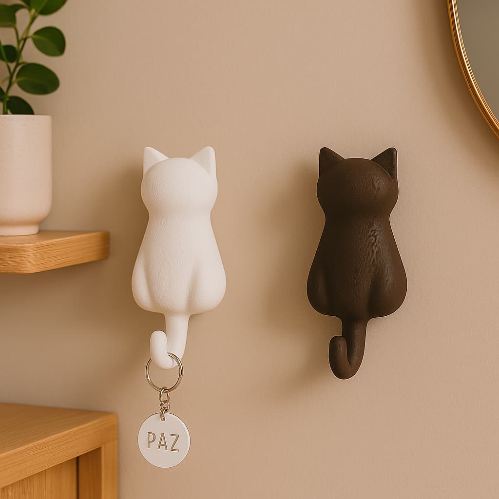 🐾 Kit com 2 Ganchos de Parede em Formato de Gato – Porta-Chaves Fofo em PLA  🐱