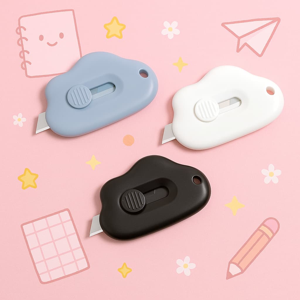 Mini Estilete Nuvem Retratil Fofo – Cortador de Papel, Caixas e Fitas | Portatil e Seguro Com Trava