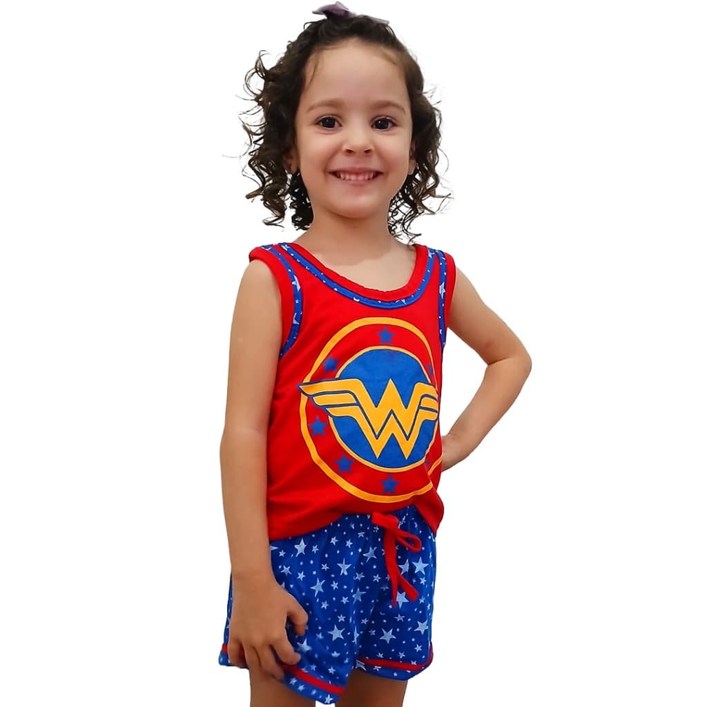 Pijama Infantil Menina Feminino Regata Estampado Com Shorts Mulher Maravilha