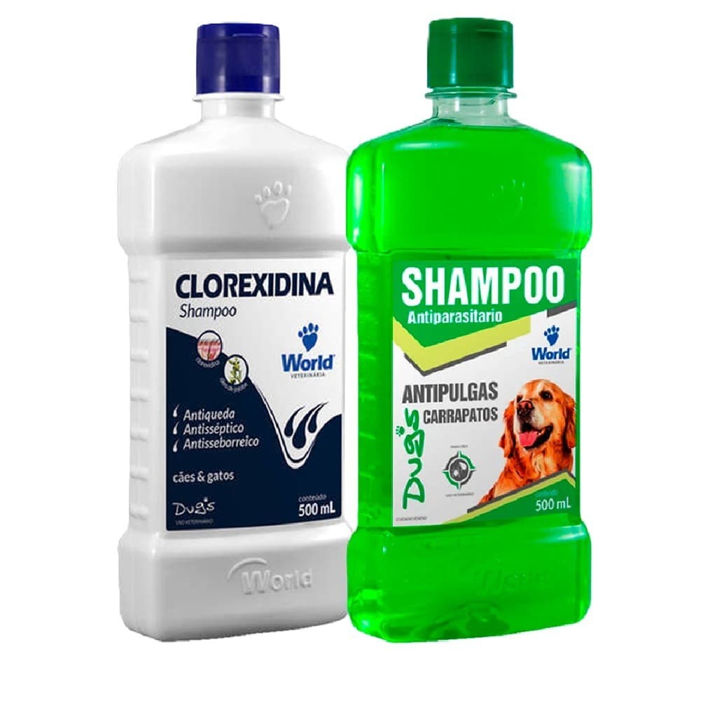 Shampoo De Clorexidina 500Ml e Shampoo Antipulgas e Carrapatos Para Cães 500mL World Veterinaria