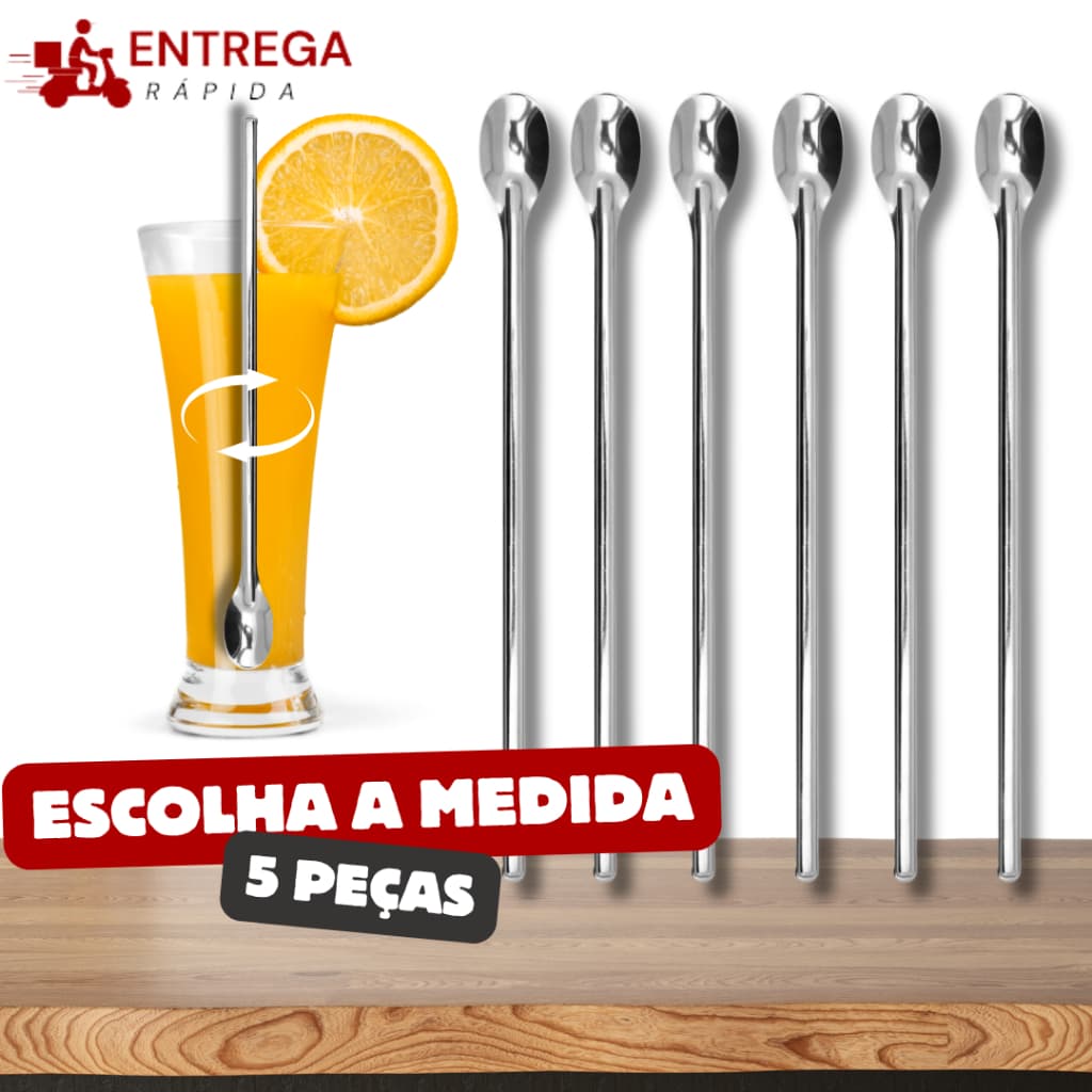 Jogo 5 Colher Bailarina Aço Inox 20cm e 30cm – Ideal para Drinks Sucos Coquetéis e Copos Altos
