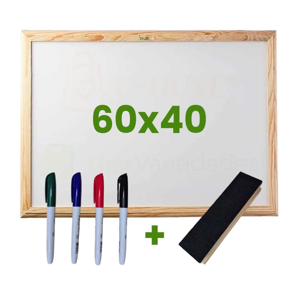 Quadro Lousa Escolar Branco 60x40 Moldura em Madeira com Apagador e Marcadores