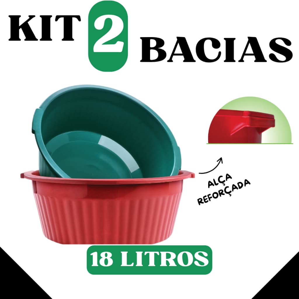 Kit com 2 Bacias Multiuso 18 Litros Caneladas Com Alças Reforçadas - Cores Sortidas - Lavanderia