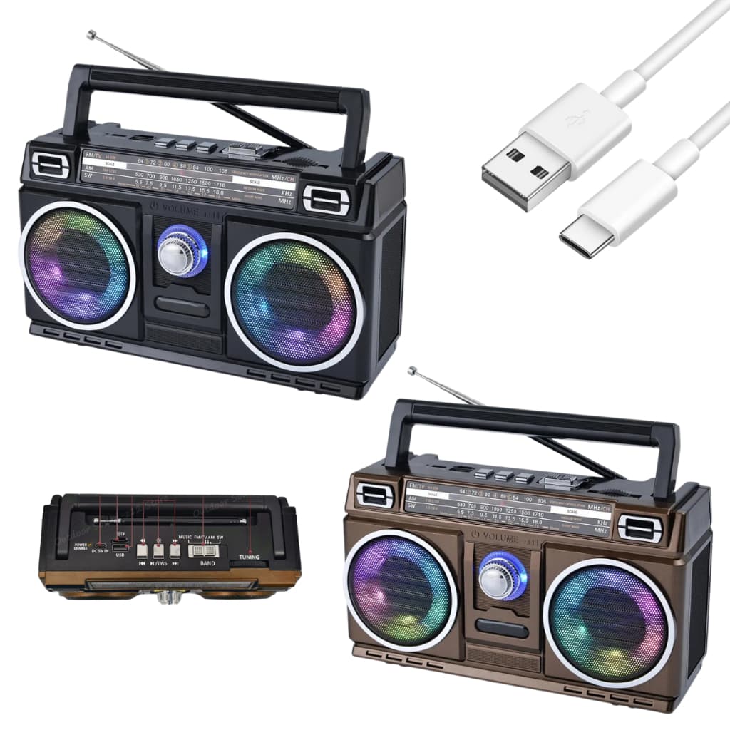 Rádio Retrô Bluetooth Recarregável Portátil Led Colorido AM/FM TWS com Alça Bivolt 110V/220V