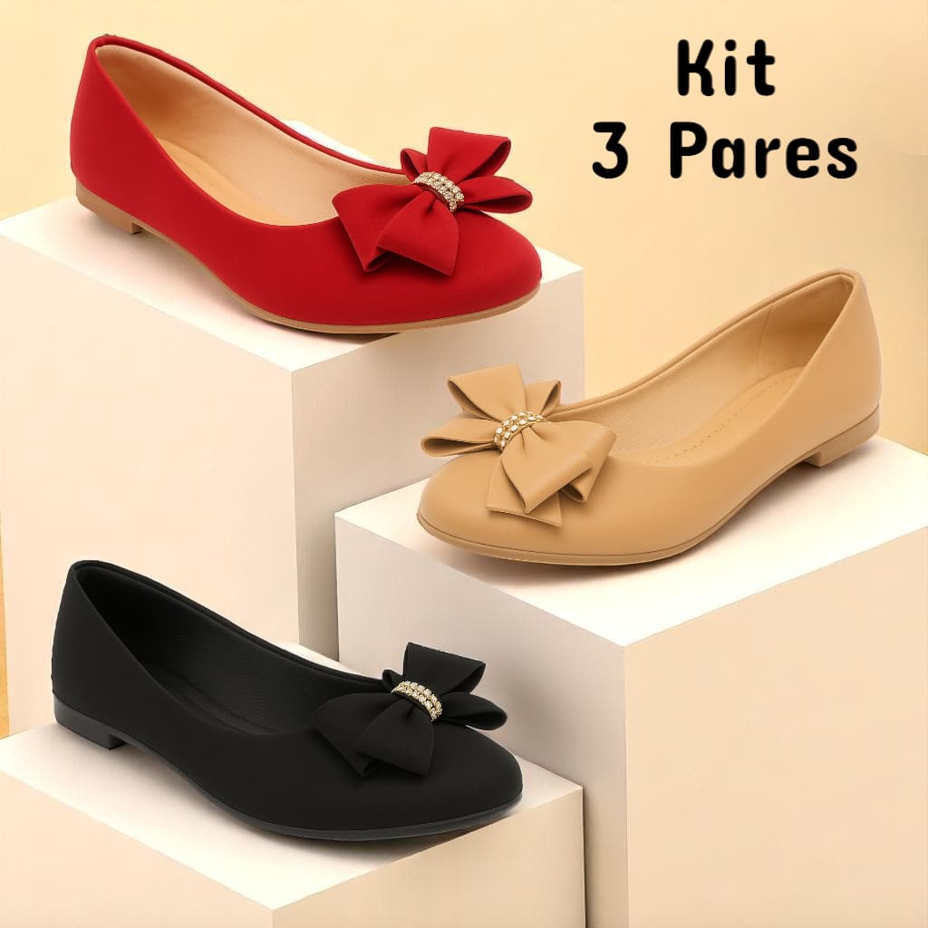 Kit 3 Pares Sapatilha Feminina Bico Fino com Laço Preto Nude e Vermelha