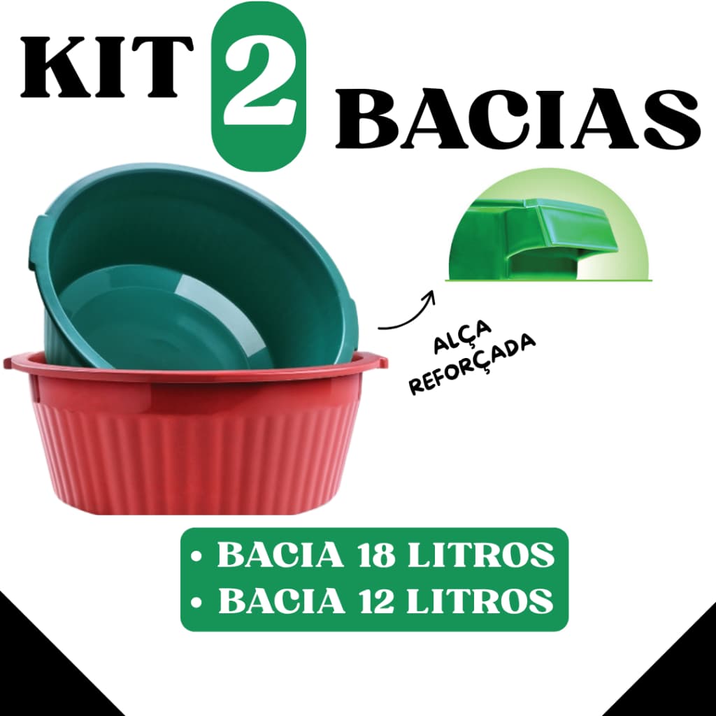 Kit com 2 Bacias Multiuso Com Alças Reforçadas - Cores Sortidas - 1 Unidade 18 + 1 Unidade 12L