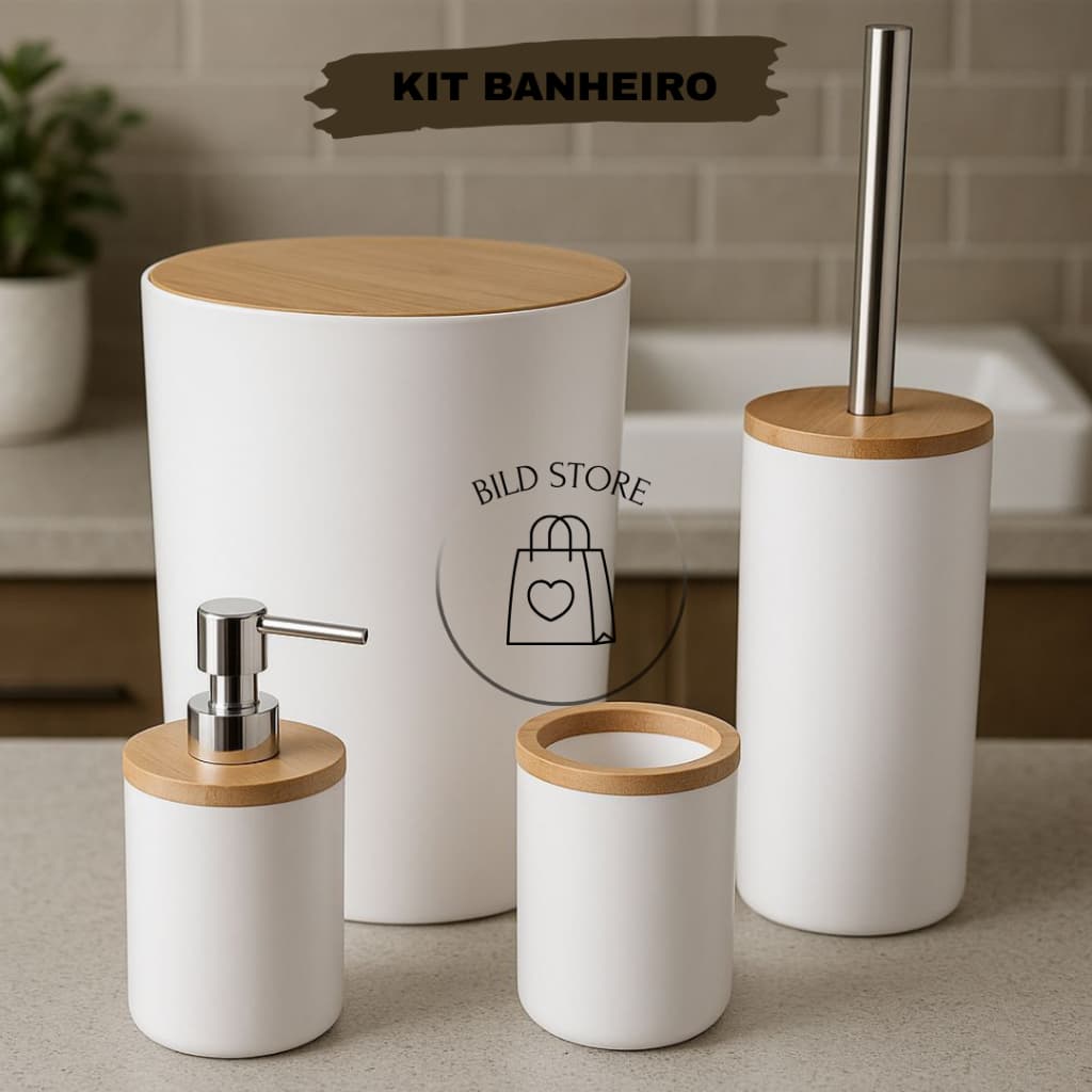 Kit Banheiro 4 Peças Tampa Bambu Plástico Lixeira Escova Sanitária Porta Sabonete Redondo Quadrado