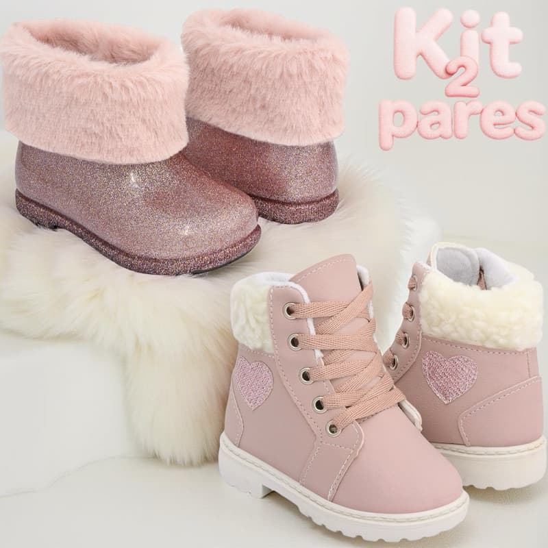 Kit botinha coturno e bota galocha infantil menina feminina lindo