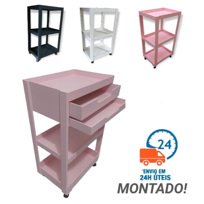 Carrinho Auxiliar Pintado Multiuso Prateleira C/Gavetas A4 com Rodinhas Envio Rápido Salão de Beleza
