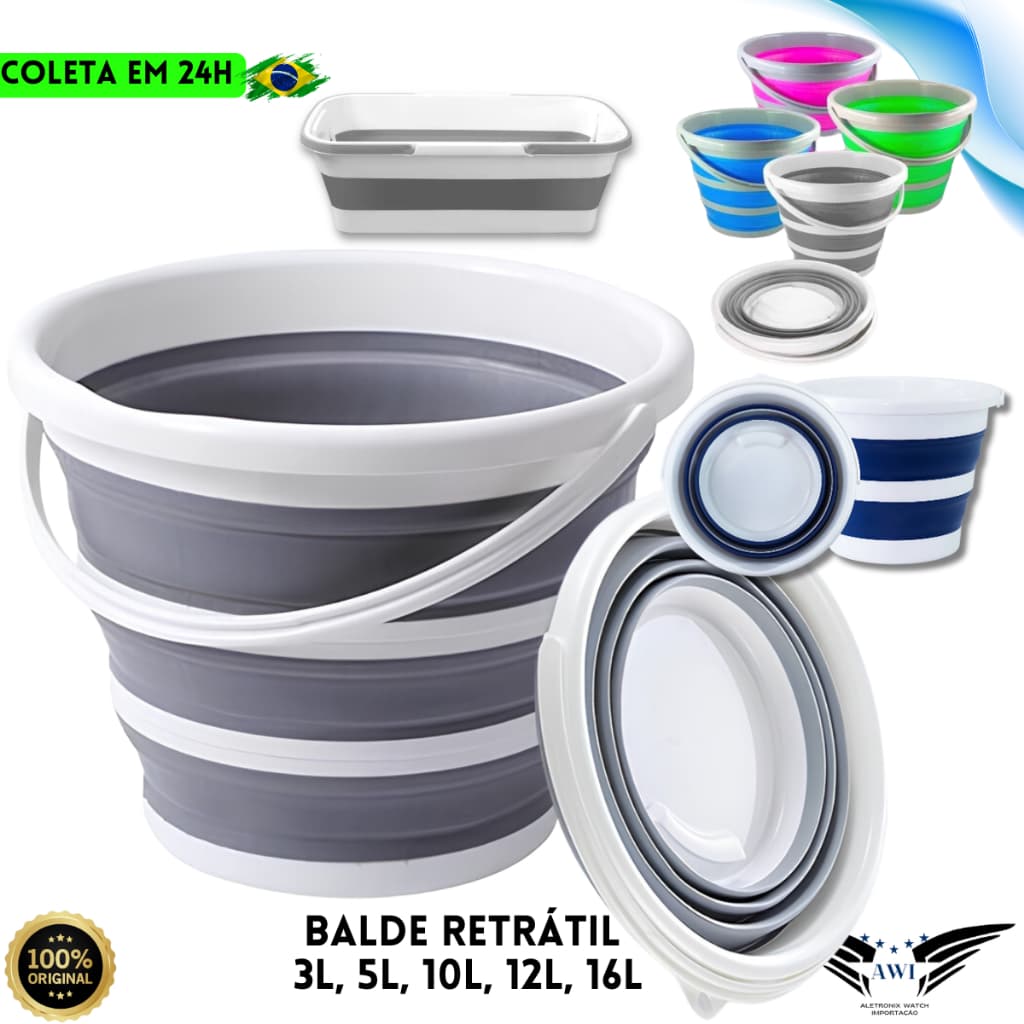 Balde Dobrável Retrátil 10 Litros ou 2 a 16L Flexível Multiuso Casa Lavanderia Apartamento Motorhome
