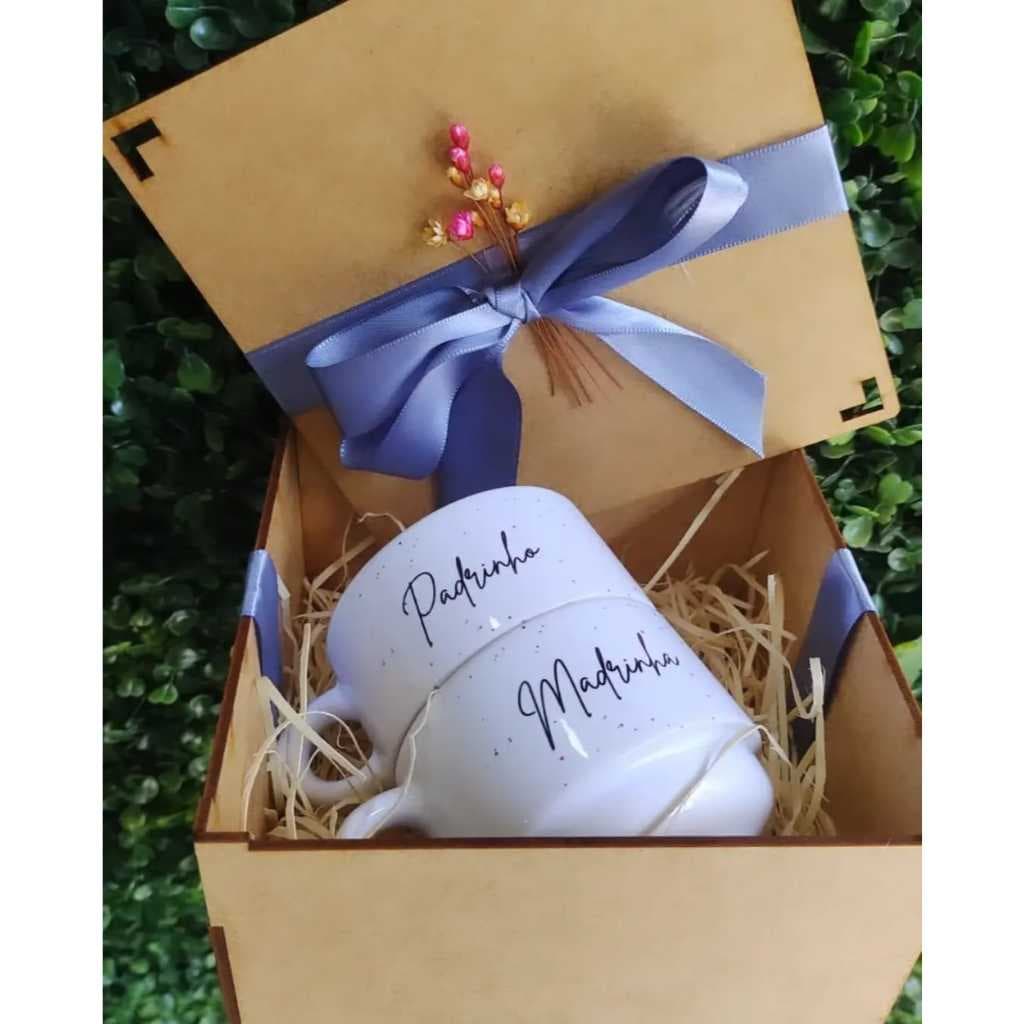 kit padrinhos xícaras porcelana personalizadas com caixa mdf