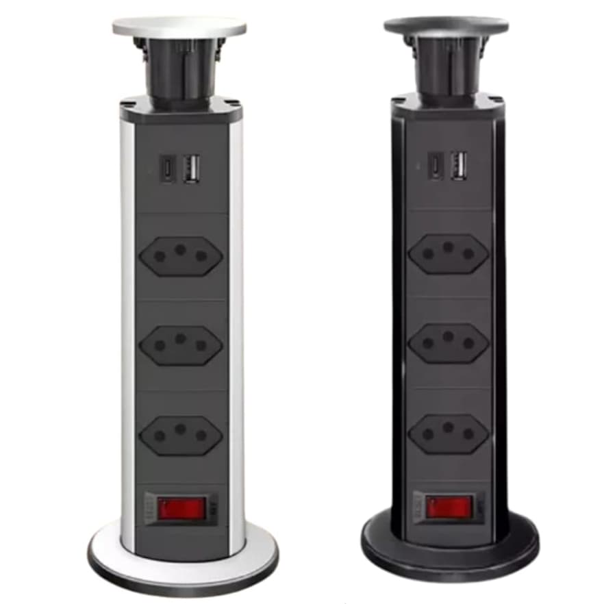 Torre de Tomada Multiplug Retrátil 3 Tomadas e USB+USB-C Embutir