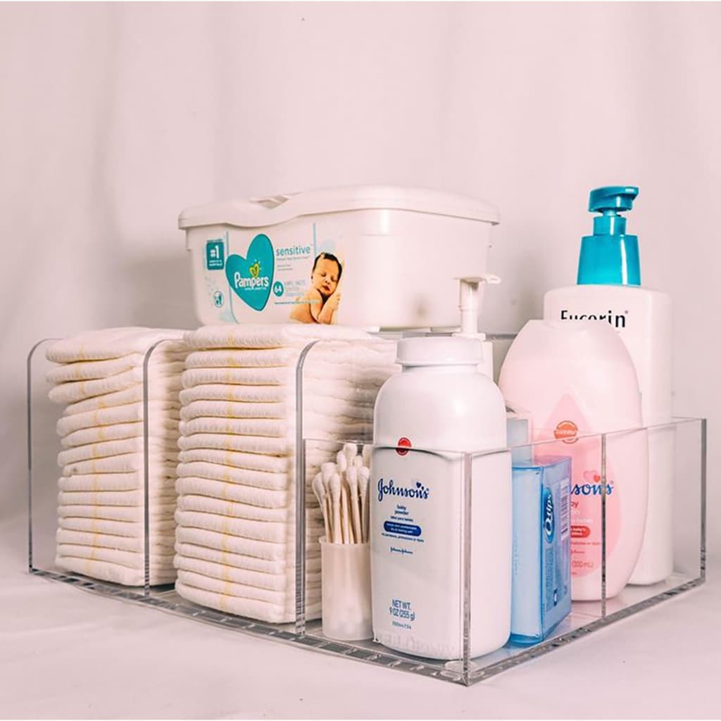 Organizador de Acrílico Porta Fraldas, Cremes, Pomadas, Lenços Maternidade Bebê com Divisórias