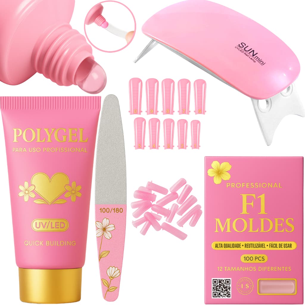 Kit Polygel Alongamento de Unhas Mnicure Poligel + Molde F1 + Lixa + Mini Cabine De Unha