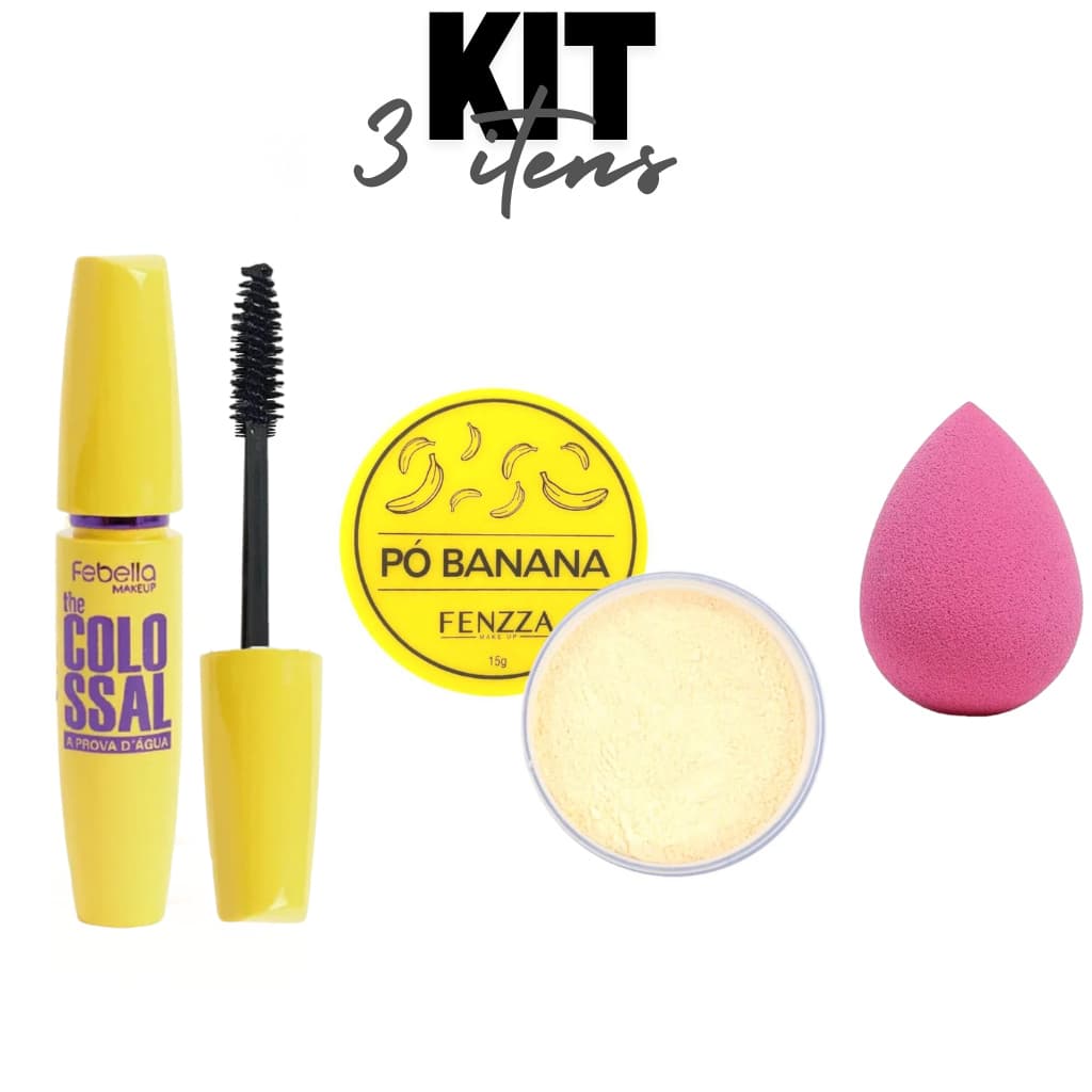 Pó Banana Fenzza, Máscara de Cílios Yalanni Extremo Volume, e Esponja gota, Kit Maquiagem 3 Itens