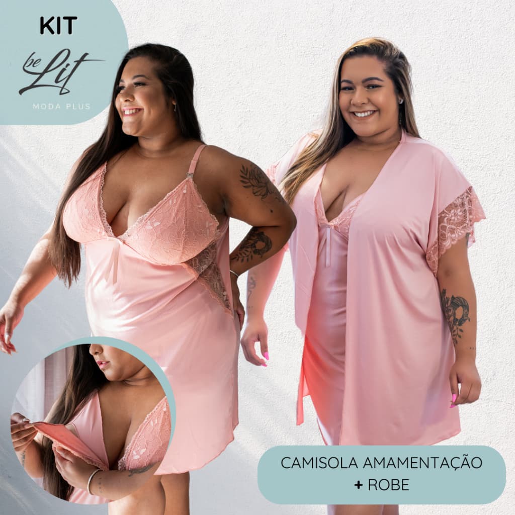 KIT 2 Peças - Robe e Camisola Plus Size Amamentação 50 52 54 56 58 Renda Maternidade BeLit Moda Plus