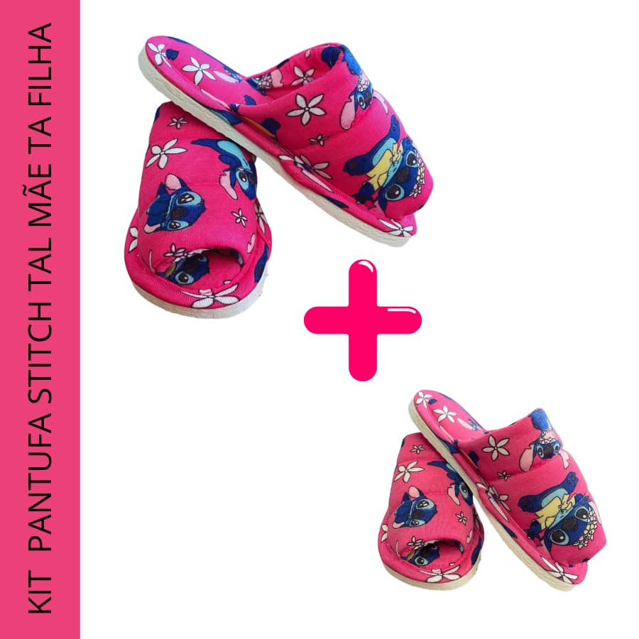 Kit 1 Pantufa Mãe +1 Pantufa Filha STITCH Chinelinho de Dormir Estampas Fofas Desenho Pantufa Rosa de Quarto Fofa